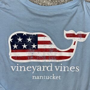 UNC Carolina Blue Nantucket Island Stars Stripes Whale Flag Pocket LS T Shirt M